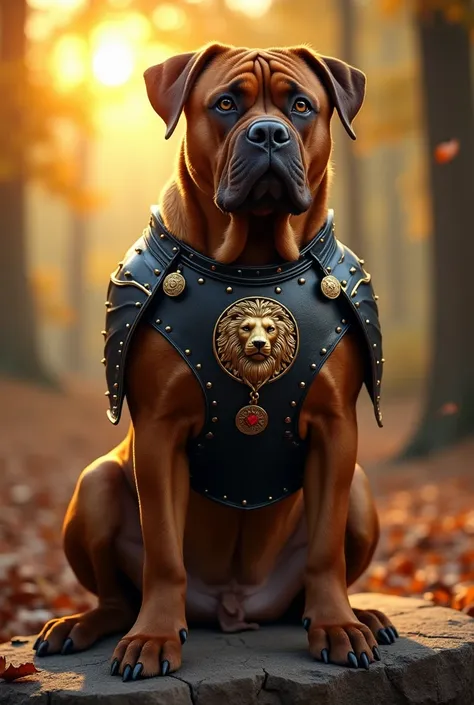 Ah,  I now better understand what you are looking for .  Im going to create a more specific prompt based on this image but adding the heroic and battle elements you mention :
" Heroic portrait of a cinnamon colored Cane Corso /reddish brown,  in the same m...