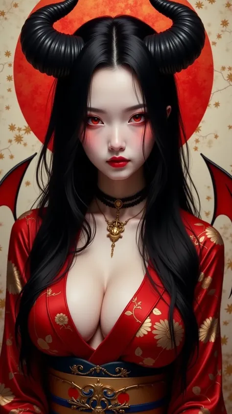 A girl with long loose black hair, crimson red eyes. Deep red lipstick, red eye shadow , portrait, very big breasts, black demon horns, with geisha clothes , big breasts, (arms behind back),
