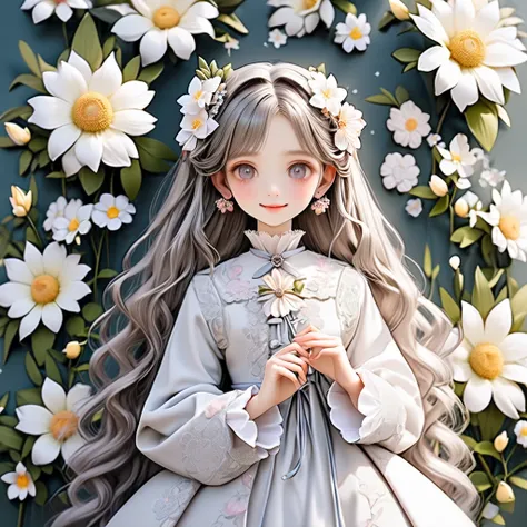 flower hair ornaments,{{アズライトカラー dress}}, gray アズライトカラー dress,wide sleeves,floral print sleeves,Gothic lolita,アズライトカラー skirt,layered skirt,white sleeves，Curly long hair，a beauty girl，Fine hands，Fine fingers，(Best Quality)Fine details，There are a lot of flo...