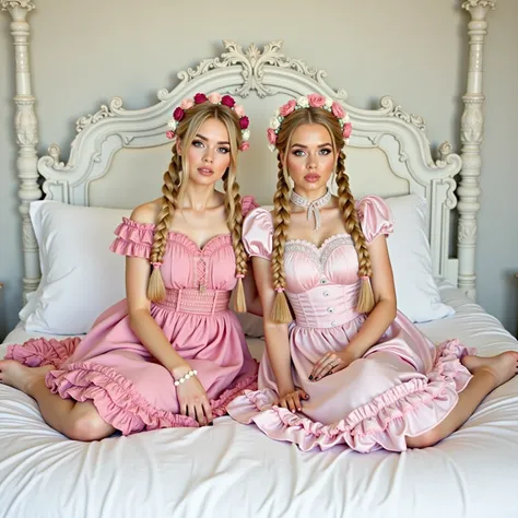 two blonde french women in dresses sitting on a bed with a white bed, beautiful twins, fairycore, beautiful twins portrait, belle delphine, lolita style, lolita fashion, y 2 k cutecore clowncore, high quality costume, frilly outfit, dress in the style of r...