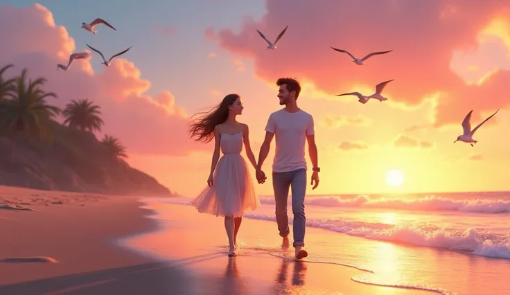  high definition image ,  Disney Pixar style.  The young couple walks hand in hand at sunset on a deserted beach.  The boy is wearing jeans and a white t-shirt ,  while the girl wears a flowing dress .  Soft waves touch their feet ,  and the sky is painted...