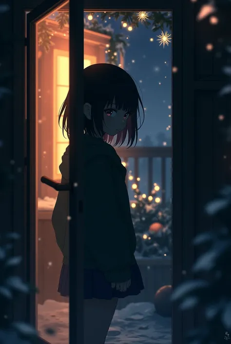 A mysterious guy peeking out the door with Christmas decorations at night anime