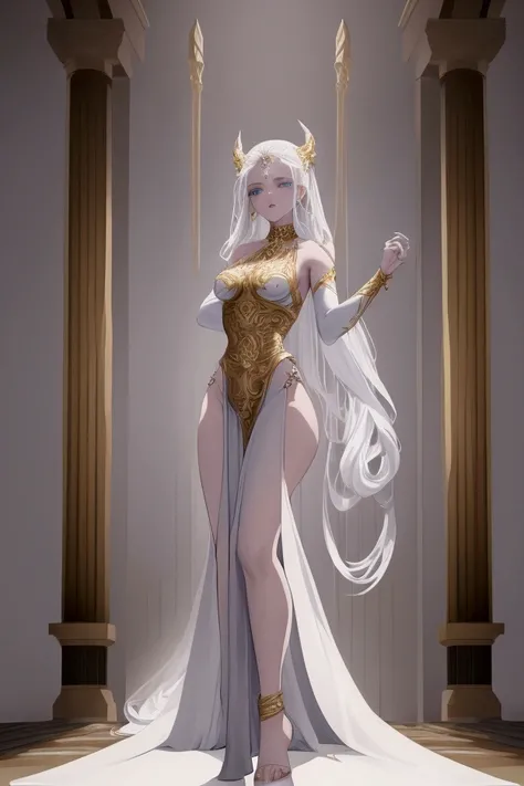 
((extremely beautiful and perfect mortal woman with a deadly aura)) ((appearing 18 years old, with flawless skin and a sculpted, hourglass figure)) ((her long, pure white hair, resembling freshly fallen snow, flows gracefully around her)) ((her piercing, ...