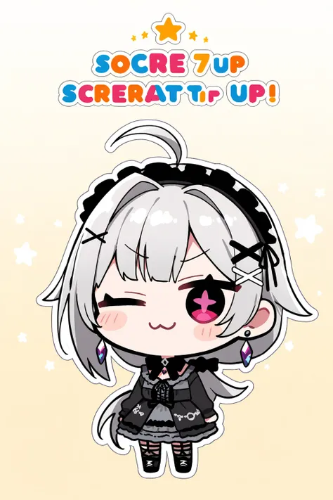  1 girl, whole body,  Chibi, ピクセルアート 、standing, Thick outline, best quality
shortcuts, Ahoge, Grey Hair,  Cover one eye with hair,   silver-haired,   Low Ponytail  ,   asymmetrical hairstyle ,  Disheveled Hair、 Crystal Earrings , x shaped hair ornament, pu...