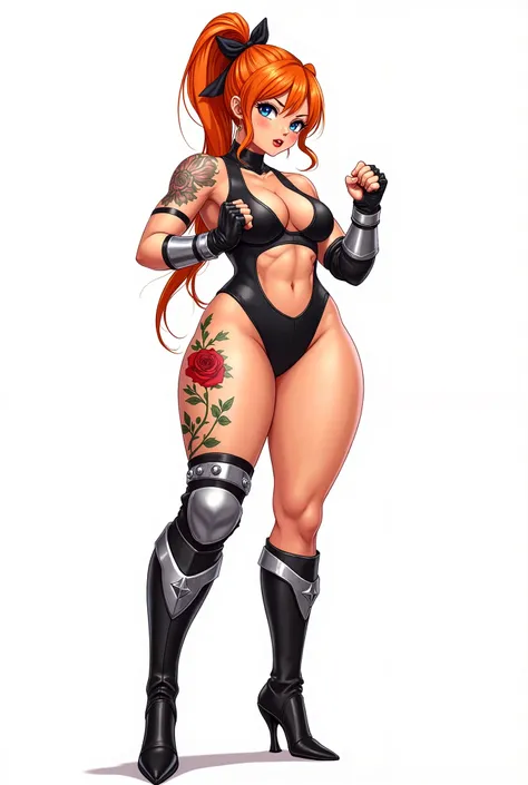  side view, half body, throwing a punch with masculine, muscular arms.

A full-body anime-style character design depicting a curvy, athletic 20-something female professional wrestler named Merith. She has long, bright orange hair, tied up in a high ponytai...