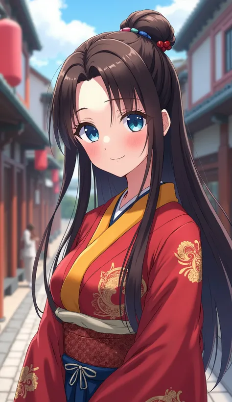 Girl anime,  dark brown hair, blue eyes, strong body,light smile , straight long hair, half-tied hair showing forehead, Japanese hairstyle, red and yellow traditional Japanese clothing,  doughunt hair bun, [[[ high quality ]]][[[tall details ]]] Ultra HD, ...