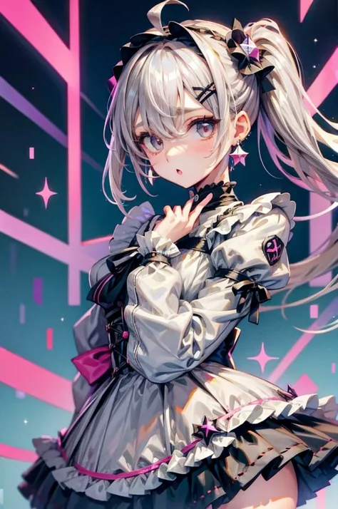  1 girl, whole body,  Chibi,  、standing, Thick outline, best quality
shortcuts, Ahoge, Grey Hair,  Cover one eye with hair,   silver-haired,   Low Ponytail  ,   asymmetrical hairstyle ,  Disheveled Hair、 Crystal Earrings , x shaped hair ornament, punk loli...