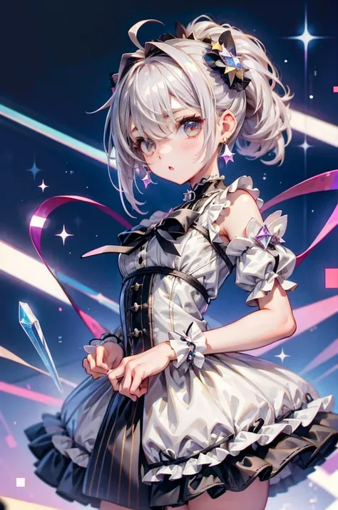  1 girl, whole body,  Chibi,  、standing, Thick outline, best quality
shortcuts, Ahoge, Grey Hair,  Cover one eye with hair,   silver-haired,   Low Ponytail  ,   asymmetrical hairstyle ,  Disheveled Hair、 Crystal Earrings , x shaped hair ornament, punk loli...