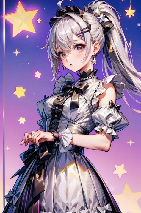  1 girl, whole body,  Chibi,  、standing, Thick outline, best quality
shortcuts, Ahoge, Grey Hair,  Cover one eye with hair,   silver-haired,   Low Ponytail  ,   asymmetrical hairstyle ,  Disheveled Hair、 Crystal Earrings , x shaped hair ornament, punk loli...