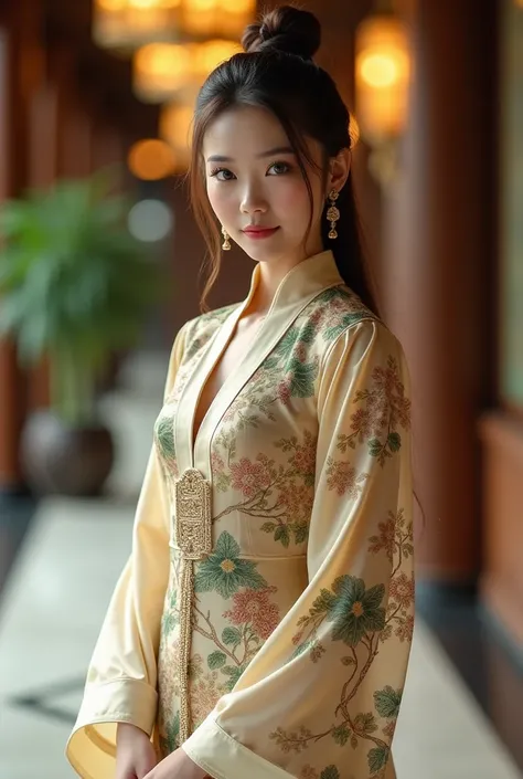    A beautiful plump girl    ,   Tied brown ponytail ， ,    She wears a sexy unique charm with exquisite design， Stunningly styled Chinese dress ，  The above is a complex perfect design    ，   real green eyes Instagram        ,  cute pose .        Interact...