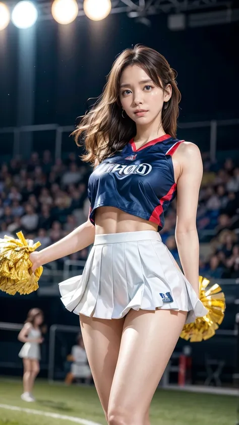 A beautiful young Japanese woman, 20 years old, with perfect anatomy, healthy thighs, beautiful feet, flawless skin, random hair color and style, large bust, (she is standing:1.2), wearing a cheerleader uniform with micro-pleated miniskirt, in a full body ...