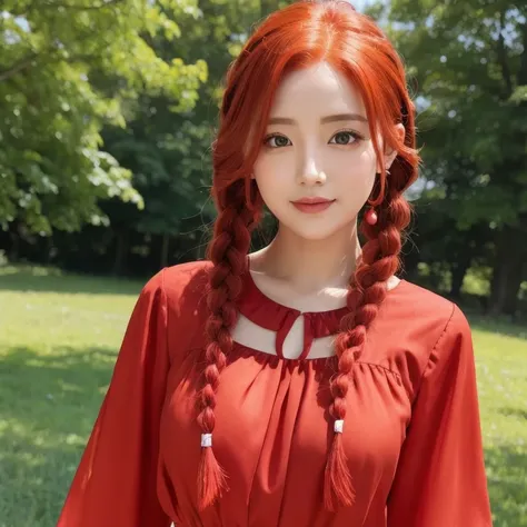 woman　 redhead（Bright red）playful braids　blouse　Best