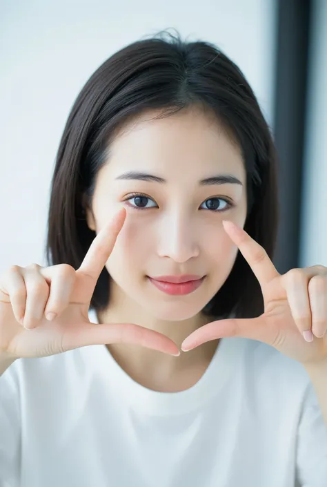  smile making a heart shape with hands:2.0、 (Ultra-precise human anatomy ,  top quality、 RAW photo、8k、32K、  Masterpiece 、 realistic 、 photorealistic:1.37)、Cute Japanese women images、 tank top in front of urinal、 Shot in natural light、 upper body、 1 girl、Ph...