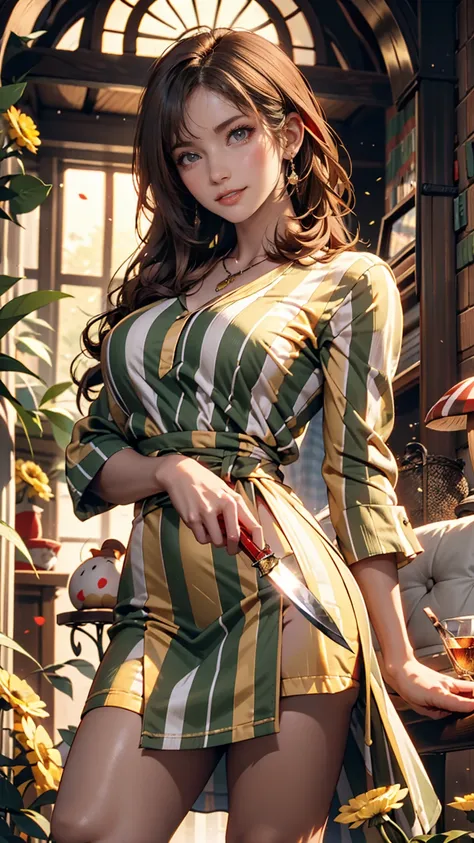 red eyes,  girl,  high heel jewelry holding a knife ,  yellow-green striped shirt with thick stripes, Red eyes glow red,  tilting your head ,  short brown hair、Mushroom Head, With a bright smile on his face, Character, 2D, While drawing a line of light abo...