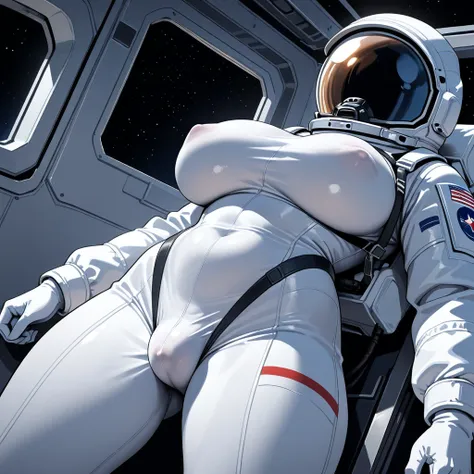 Female astronaut outside the space station, covered big breasts, covered nipples, covered penis in big crotch bulge