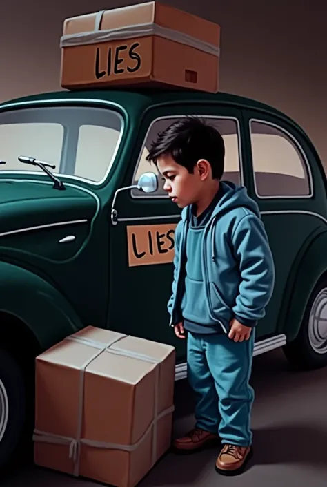  Paint the exterior of the car dark green,  The package write lies , The boy is still black 