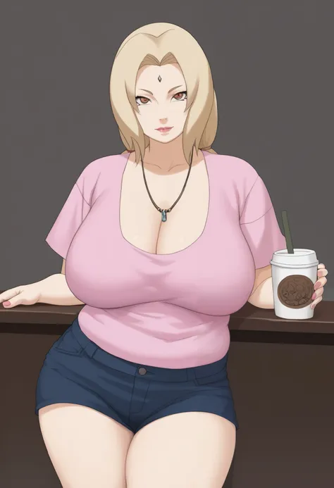 Tsunade Senju. Grandmother. long, blond hair tied in two ponytails. Coffee eyes.  pink lipstick. huge sagging breasts. bbw. necklace. shorts. shirts. bar
