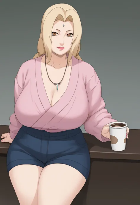 Tsunade Senju. Grandmother. long, blond hair tied in two ponytails. Coffee eyes.  pink lipstick. huge sagging breasts. bbw. necklace. shorts. shirts. bar
