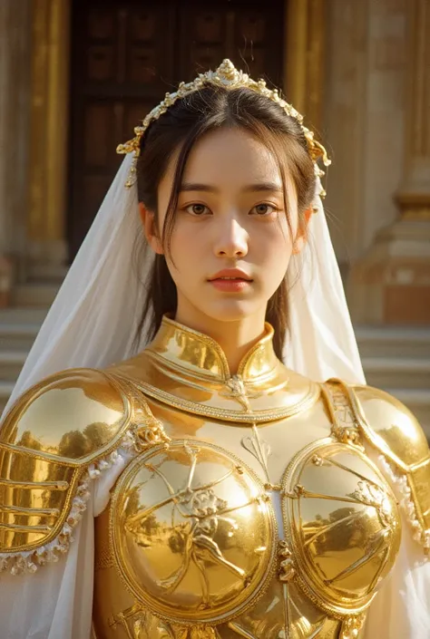 Close-up of a gold-clad woman with a white cape, Beautifully patterned gold armor, the sailor galaxia, the god emperor of mankind, Golden armor, Saint Seiya, gold paladin, Light gold armor, goddes, Wearing gold armor, wearing golden armor, Gold armor, gold...