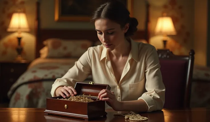 Eleanor opening a small wooden coffer filled with sparkling jewelry, her expression a mix of guilt and determination, 1912 Edwardian era, wearing a soft cream-colored blouse, seated at a dressing table in a richly decorated cabin, the background shows a pl...