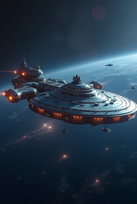 A space station with a strong 、 presence in the vast universe、Future Technology、SF、Use guided beams to tow a ship and welcome them、A large base with many residents、The station also consists of a combination of several large stations、