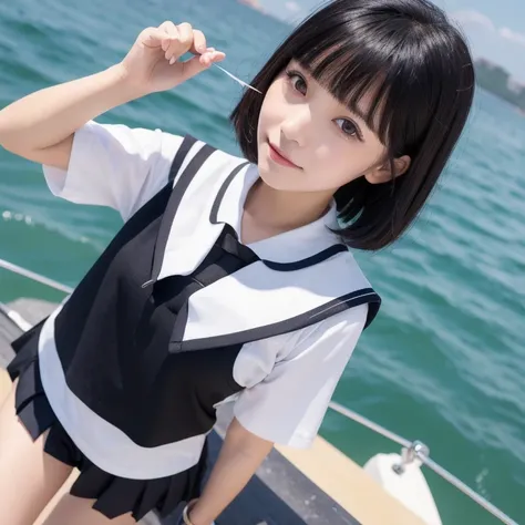 woman　Wheat skin　black hair dark eyes short hair　 sailor suit 