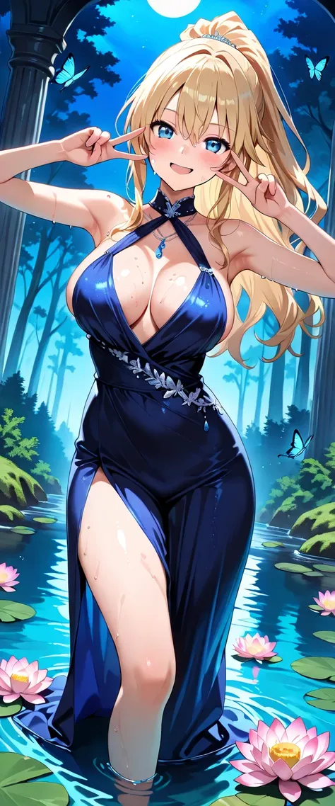 ((masterpiece)),  top quality, Super Details,  high definition ,  Extremely Detailed CG Integrated 8K Wallpaper,  hard disk ,  detailed anatomy , ( large breasts), ((( standing in an evening dress in shallow water))), ( HIGH NECK ), ((( peace sign, Bring i...