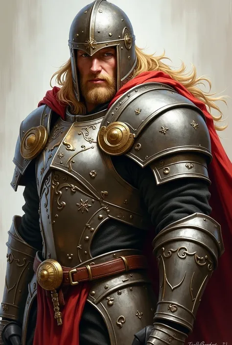 handsome aasimar paladin, blonde hair, heavy armor, portrait, wearing a helmet