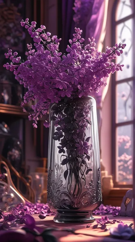 In a clear black Swarovski crystal glass , there are lots of beautiful lilacs in a very long, thin vase, soul,  fairy tale, soul、soul,  colorful ,  metallic , Cinematic monotone lighting , 8k, Bage design 、 High Quality 、 Highest Masterpiece