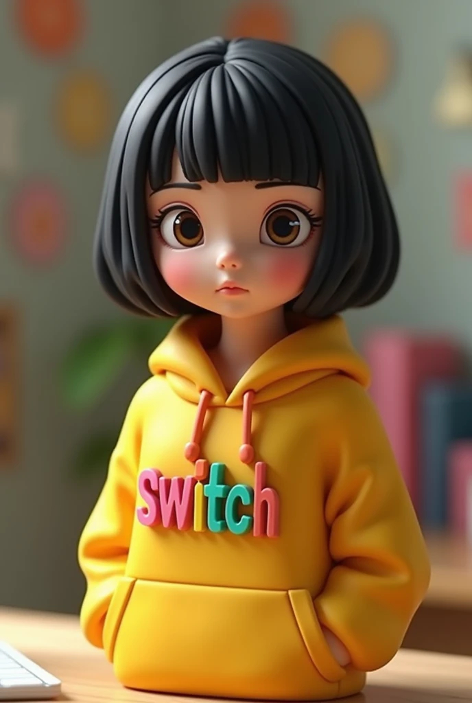 Pixar、girl bust keychain、Rubber 、The chest is embossed in 3D letter style with the name  "switch"  girls bust keychain {x}、The colorful and pop font 、Realistic ,  black hair,  short bob hair , yellow hoodie、 placed on the desk、
