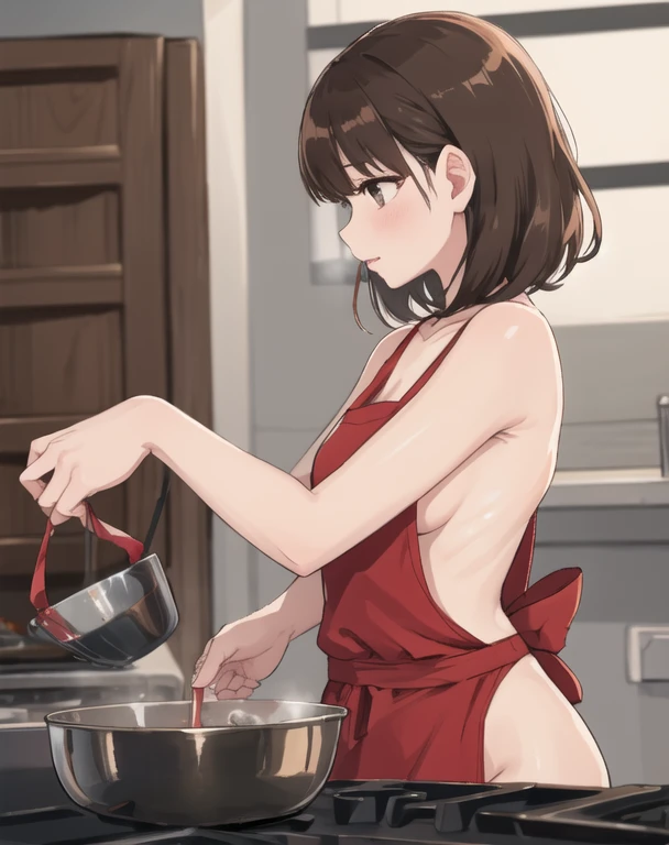 (  Masterpiece ,  top quality),  1 girl, nsfw, naked red apron,  sexy, cooking, Side View, bending, shiny brown hair,  short haired 、 ( beautiful brown eyes、  Sparkling Eyes  , fine grain)、