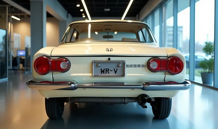 A classic vintage Honda WR-V 2025 rear view showcased in a modern showroom setting. The car features iconic circular red taillights, chrome bumper detailing, dual exhaust pipes, and subtle reflections from the showrooms glass walls. The scene is lit with s...