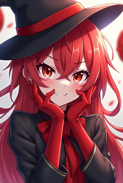  anime girl  with red hair and a black hat and red gloves,  Anime game of  ,  Mischievous Smile,  Azur Lane Style , zerochan Art, Nobutaka Ike, [[[[ Malicious ]]]], ( anime girl ),  Ayaka Genshin Impact, Asuka, shikishi