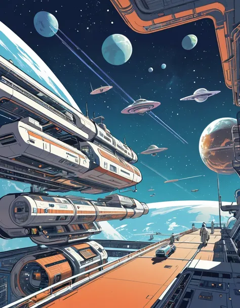 Space station. space station art, Science fiction illustrations, Retro-future. Sci-fi scene in la ligne claire style, Sci-fi illustrations by Vincent Mahé, An impressive retro-futuristic space station floating in space, floating sensation, galaxy, Distant ...