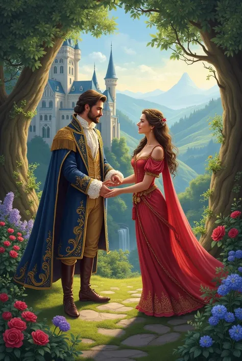 Draw the cover of a fairy tale. There are handsome men and beautiful women