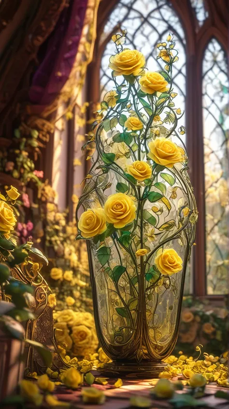 In a green transparent gothic art nouveau glass , many beautiful yellow vine roses are in a very long, thin vase, soul,  fairy tale, soul、soul,  colorful , Platinum Gold, Cinematic monotone lighting , 8k, Bage design 、 High Quality 、 Highest Masterpiece