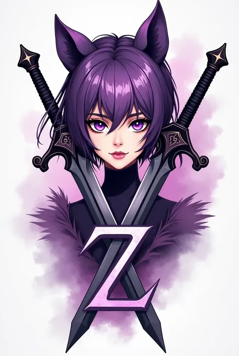  Create a logo of a woman ,  style with short hair and that her hair has a cut style like the wolf cut, Place cat ears ,  the girl holds a fantasy sword medieval style ,  which crosses a letter Z in capital letters in the logo , purple in color