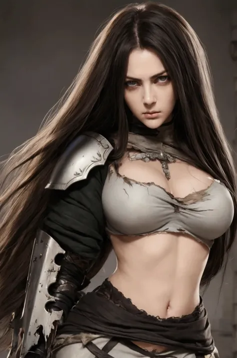 1 french woman, neliel bleach reference, brunette, black-brown-green hair, long straight hair, messy hair, torn clothes, destroyed armor, soft scars, detailed face, grey blind eyes, strong and curvys sexy body, confiant expression, happy expression, beauti...