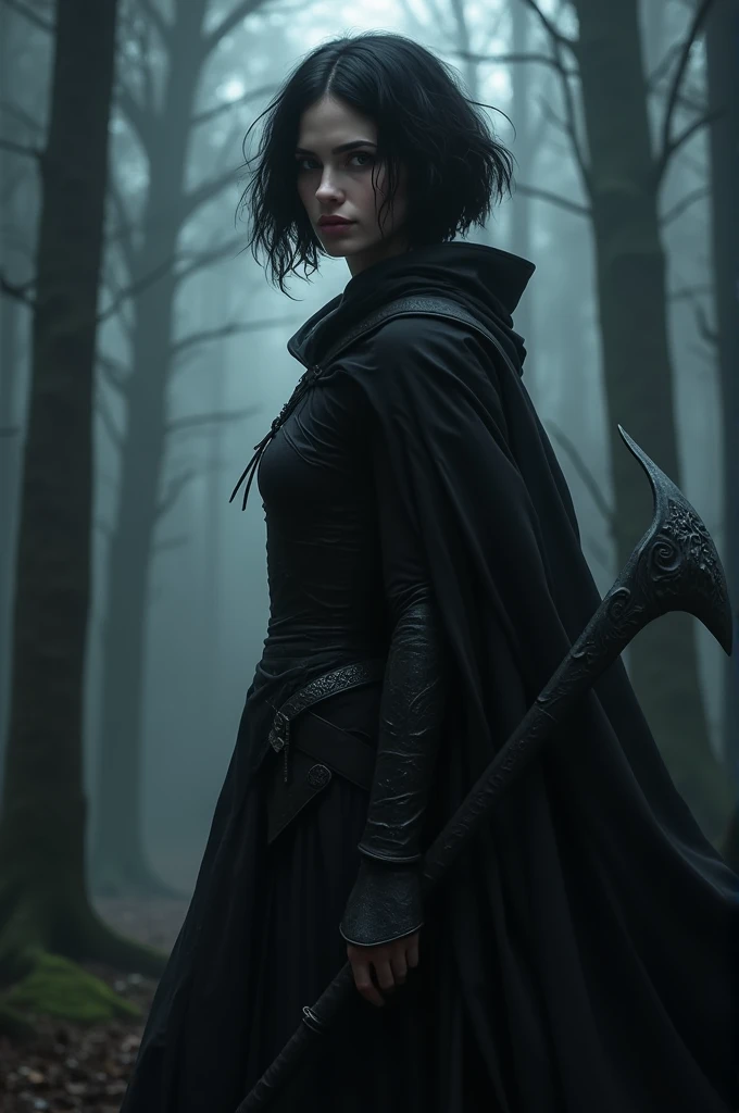 ((best quality)), ((masterpiece)), (detailed), perfect face Yennefer,  the Shadow Reaper

Appearance : tall thin woman,  with short black hair and silver eyes that reflect light in contrast to your dark countenance.  Your black cape seems to merge with the...