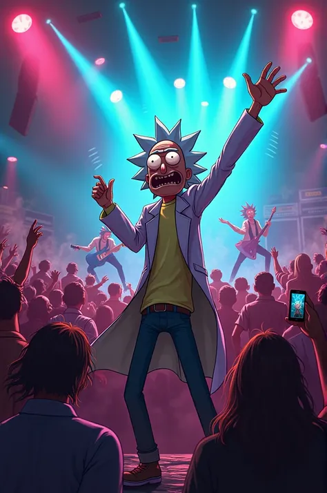 Make an image of Rick ,  from the show Rick and Morty ,  where Rick is enjoying a rock concert
