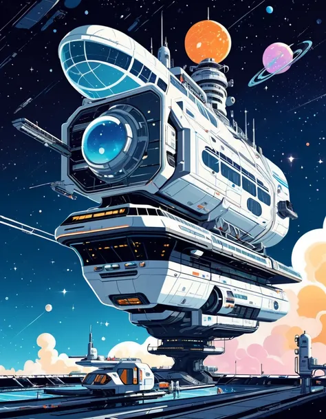 Space Station Close-Up. space station art. Sci-fi scene in la ligne claire style, Sci-fi illustrations by Vincent Mahé, An impressive retro-futuristic space station floating in space, floating sensation, galaxy, Distant nebulae. hatching, Vibrant color, In...