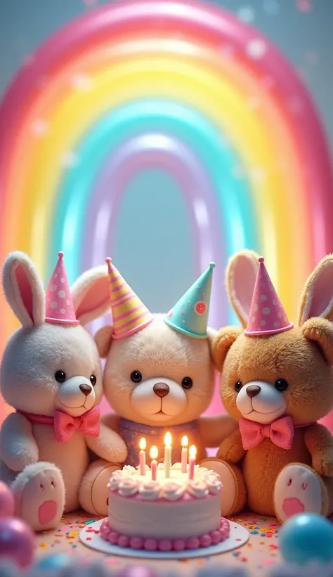 
animals[tedddy, rabit ] birthday celecbrate in behind a rainbow 