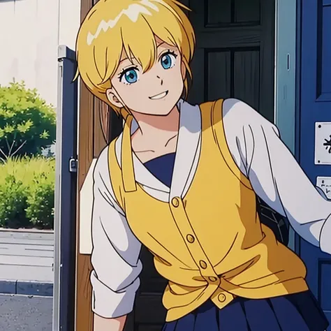  High Quality ,   masterpiece on penis ,　Yellow Hair,  shortcut,  1 girl , セーラー服,  smile, smile, 80&#39;s anime vibe, style of Macro,   studying 80s anime style ,   80s anime art style  , Macro, 1980s anime style,
ポニーテール, ポニーテール, 