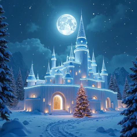 A majestic ice castle adorned with glowing Christmas garlands, wreaths, and a shimmering tree at the entrance. Snowflakes sparkle in the air under a moonlit sky, ultra-HD and cinematic.

