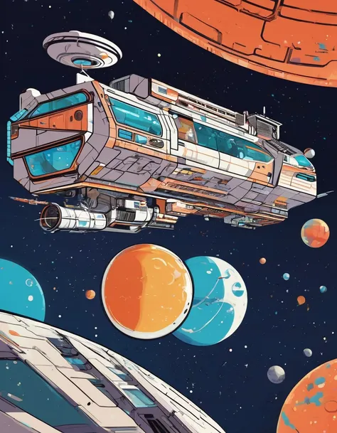 Space Station Close-Up. space station art. Sci-fi scene in la ligne claire style, Sci-fi illustrations by Vincent Mahé, An impressive retro-futuristic space station floating in space, floating sensation, galaxy, Distant nebulae. hatching, colorful, Vibrant...