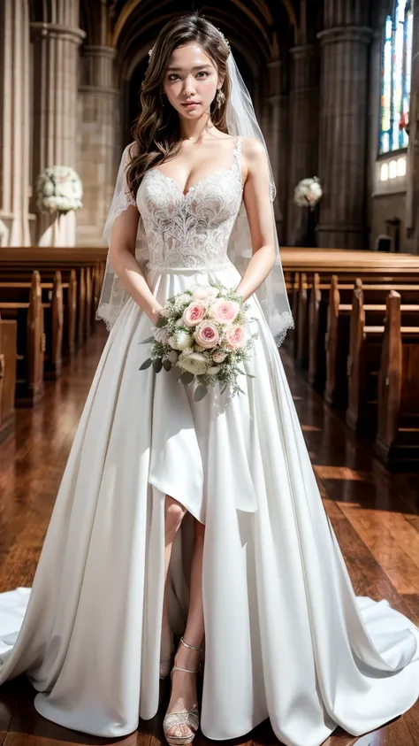 A beautiful young Japanese woman, 26 years old, with healthy thighs, beautiful legs, flawless skin, random hair color and style, large breasts, wearing a (wedding dress:1.3), (she is standing:1.2), full body shot, high heels, holding a bouquet in her hands...