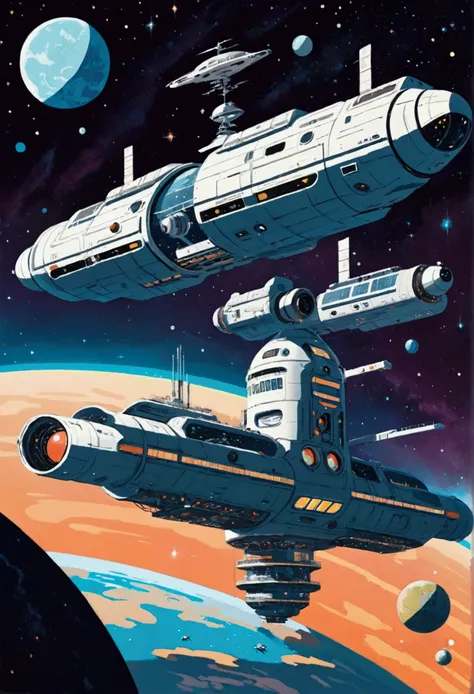 Space Station Close-Up. space station art. Sci-fi scene in la ligne claire style, Sci-fi illustrations by Vincent Mahé, An impressive retro-futuristic space station floating in space, floating sensation, galaxy, Distant nebulae. hatching, colorful, Vibrant...