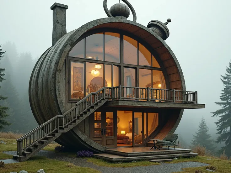 A two-story house that has stairs but is shaped like a clock that is larger than the house and its structure like a pocket watch, super advanced, as it would look from the inside?