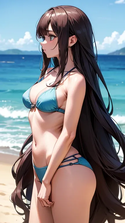 a cool anime 18 years old girl in beachwear, long wavy hair, beautiful detailed face, adorable girl, 3:4 body looks, perfect body ratio, front view, look at the camera, perfect background, (best quality,4k,8k,highres,masterpiece:1.2),ultra-detailed,(realis...