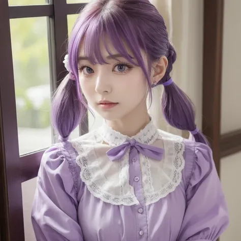 woman　Purple Hair（pale）grey-eyed twin tails long　blouse